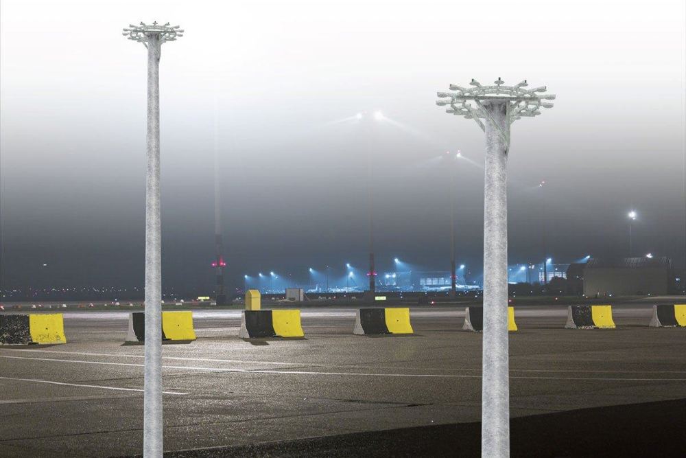 25 m mast with rail-guided raising crown, 8 floodlights
