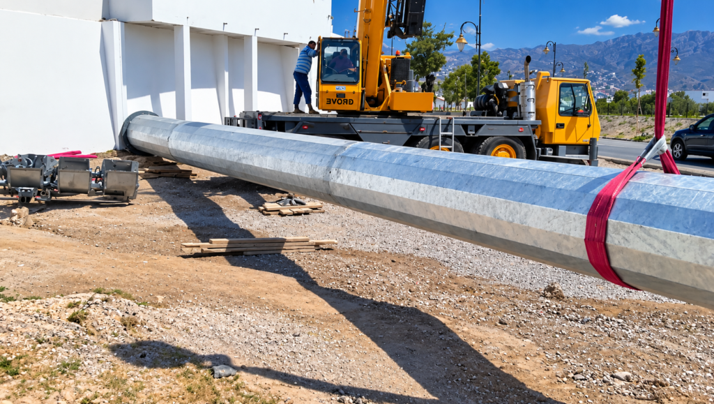 Levage d’un fût de mât sur chantier