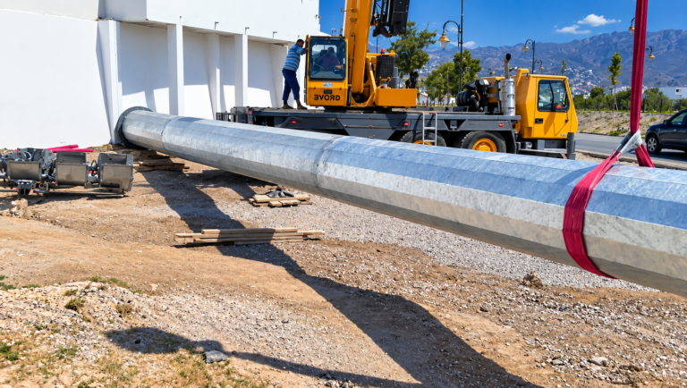 Levage d’un fût de mât sur chantier